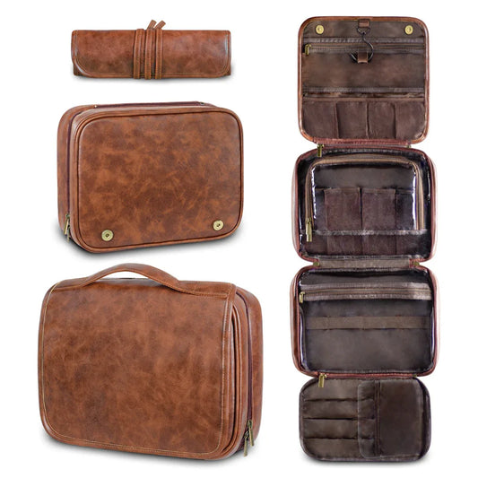 Reddish Brown Luxury PU Business Travel Toiletry Bag – Large Capacity Waterproof Makeup Organizer with Dividers – Portable & Stylish Bathroom Storage - Mekamart Australia