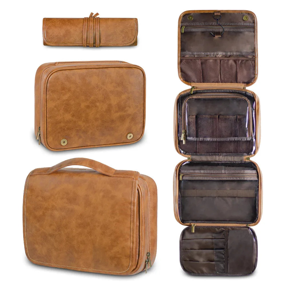 Yellowish Brown Luxury PU Business Travel Toiletry Bag - Large Capacity Waterproof Makeup Organizer with Dividers - Portable & Stylish Bathroom Storage - Mekamart Australia