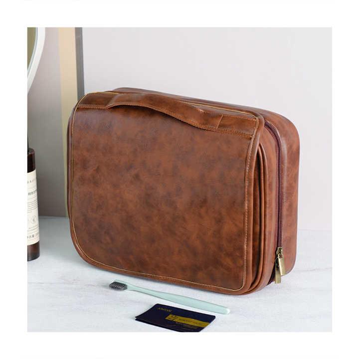 Yellowish Brown Luxury PU Business Travel Toiletry Bag - Large Capacity Waterproof Makeup Organizer with Dividers - Portable & Stylish Bathroom Storage - Mekamart Australia