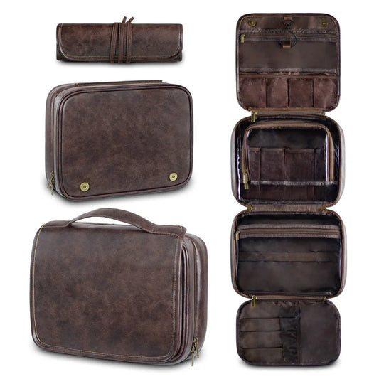 Coffee Luxury PU Business Travel Toiletry Bag - Large Capacity Waterproof Makeup Organizer with Dividers - Portable & Stylish Bathroom Storage - Mekamart Australia