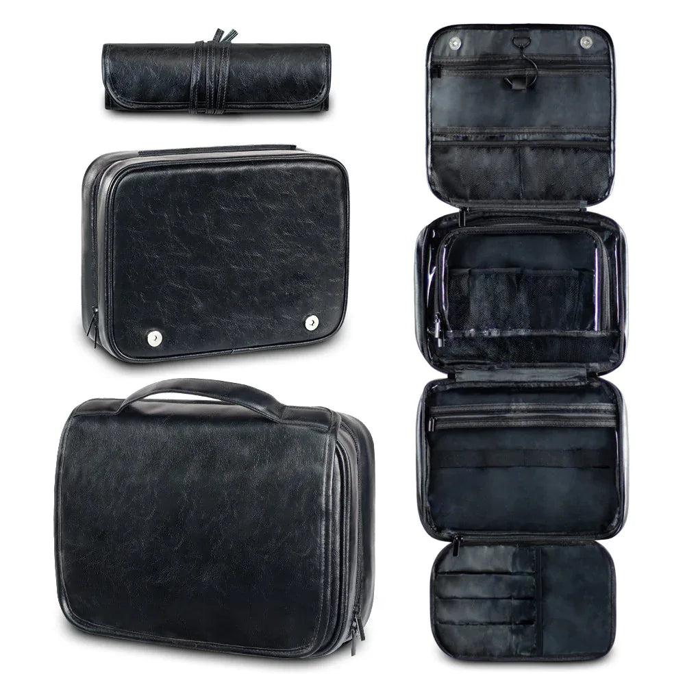 Black Luxury PU Business Travel Toiletry Bag - Large Capacity Waterproof Makeup Organizer with Dividers - Portable & Stylish Bathroom Storage - Mekamart Australia