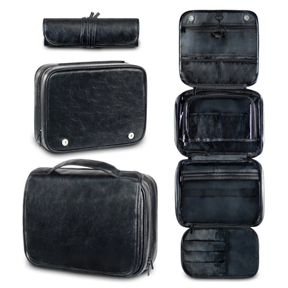 Black Luxury PU Business Travel Toiletry Bag - Large Capacity Waterproof Makeup Organizer with Dividers - Portable & Stylish Bathroom Storage - Mekamart Australia