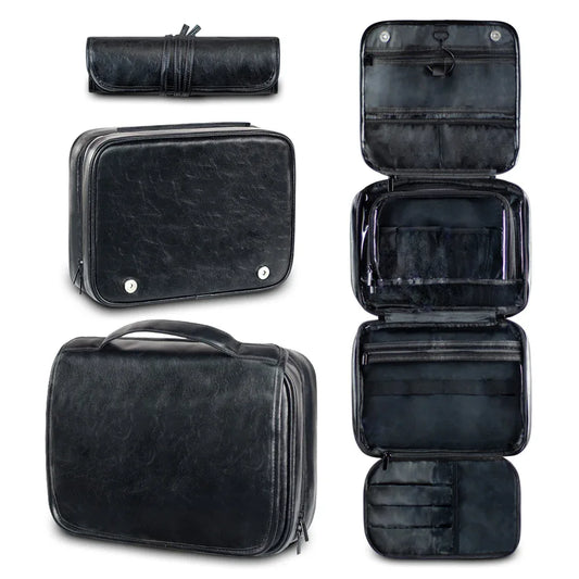 Black Luxury PU Business Travel Toiletry Bag - Large Capacity Waterproof Makeup Organizer with Dividers - Portable & Stylish Bathroom Storage - Mekamart Australia