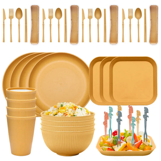 Four-person Set Yellow Eco-Friendly Wheat Straw Dinnerware Set, Plate, Bowl, Cup & Utensil Set - Lightweight, Reusable, and Durable for Home, School, and Travel - Mekamart Australia