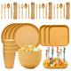 Four-person Set Yellow Eco-Friendly Wheat Straw Dinnerware Set, Plate, Bowl, Cup & Utensil Set - Lightweight, Reusable, and Durable for Home, School, and Travel - Mekamart Australia
