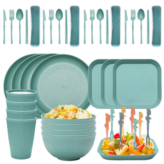 Four-person Set Green Eco-Friendly Wheat Straw Dinnerware Set, Plate, Bowl, Cup & Utensil Set - Lightweight, Reusable, and Durable for Home, School, and Travel - Mekamart Australia