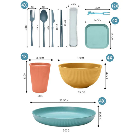 Four-person Set Green Eco-Friendly Wheat Straw Dinnerware Set, Plate, Bowl, Cup & Utensil Set - Lightweight, Reusable, and Durable for Home, School, and Travel - Mekamart Australia