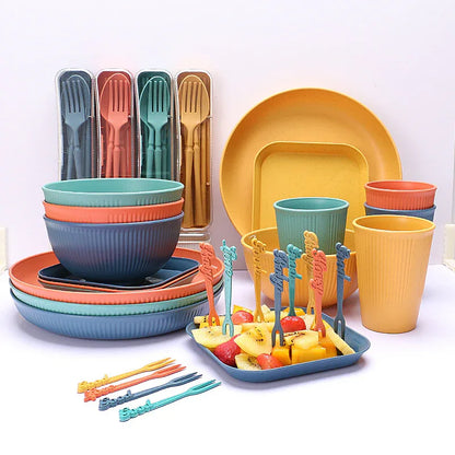 Four-person Set Green Eco-Friendly Wheat Straw Dinnerware Set, Plate, Bowl, Cup & Utensil Set - Lightweight, Reusable, and Durable for Home, School, and Travel - Mekamart Australia
