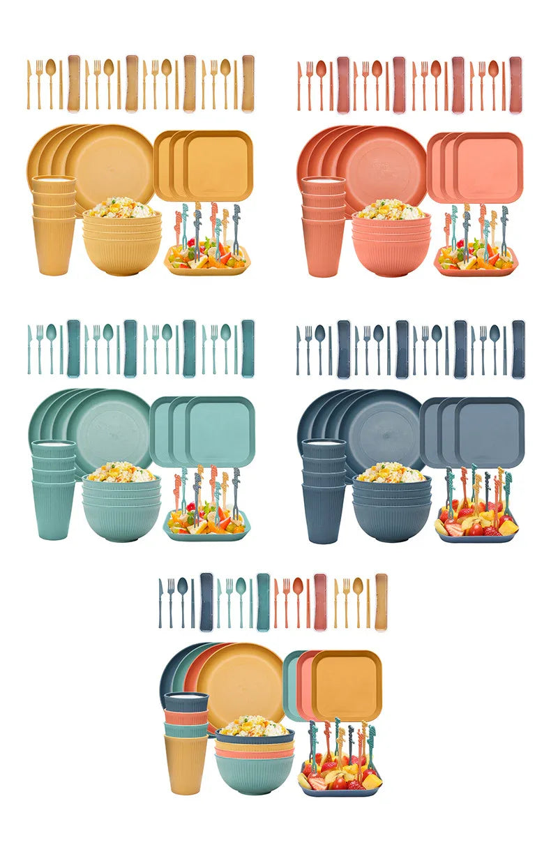 Four-person Set Green Eco-Friendly Wheat Straw Dinnerware Set, Plate, Bowl, Cup & Utensil Set - Lightweight, Reusable, and Durable for Home, School, and Travel - Mekamart Australia