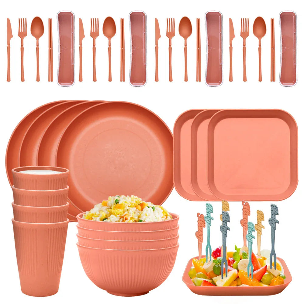 Four-person Set Orange Eco-Friendly Wheat Straw Dinnerware Set, Plate, Bowl, Cup & Utensil Set - Lightweight, Reusable, and Durable for Home, School, and Travel - Mekamart Australia