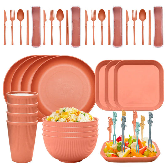 Four-person Set Orange Eco-Friendly Wheat Straw Dinnerware Set, Plate, Bowl, Cup & Utensil Set - Lightweight, Reusable, and Durable for Home, School, and Travel - Mekamart Australia