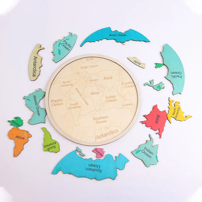 Colorful Wooden World Map Puzzle – 7 Continents Educational Geography Toy for Kids - Mekamart Australia