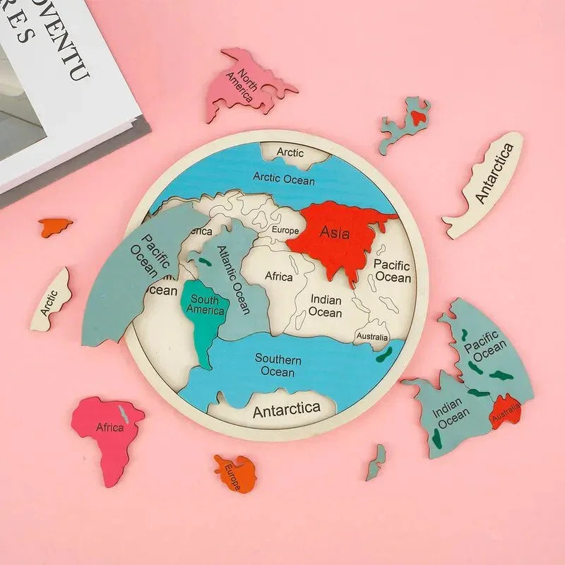 Colorful Wooden World Map Puzzle – 7 Continents Educational Geography Toy for Kids - Mekamart Australia
