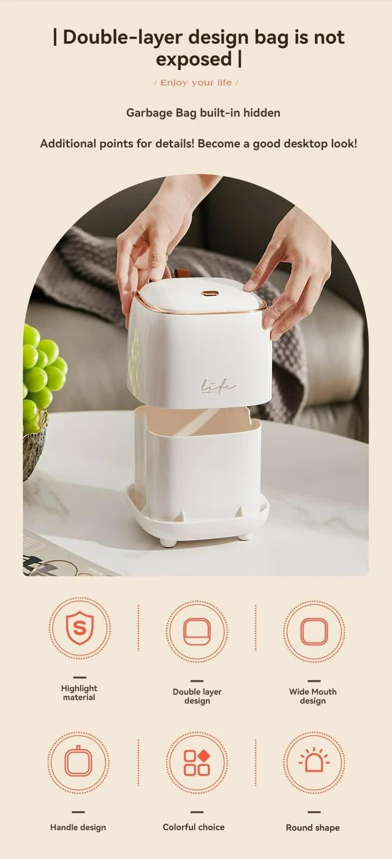 Light Green Portable Tabletop Trash Can with Dual-Layer Design - Convenient for Desk Organization - Mekamart Australia