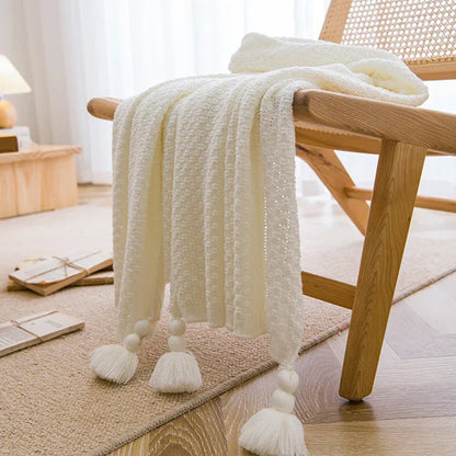 White 110cm x 150cm Soft Tassel Throw Blanket for Sofa or Bed, Cozy Casual Blanket for Office Nap, Minimalist Bed End Cover - Mekamart Australia
