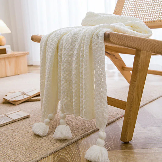 White 110cm x 150cm Soft Tassel Throw Blanket for Sofa or Bed, Cozy Casual Blanket for Office Nap, Minimalist Bed End Cover - Mekamart Australia