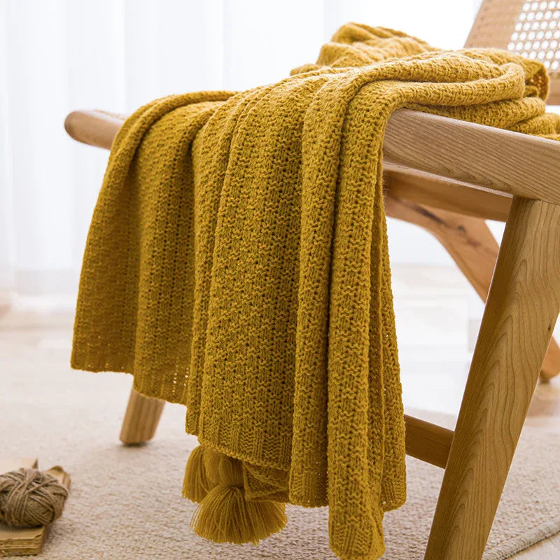 Turmeric 110cm x 150cm Soft Tassel Throw Blanket for Sofa or Bed, Cozy Casual Blanket for Office Nap, Minimalist Bed End Cover - Mekamart Australia