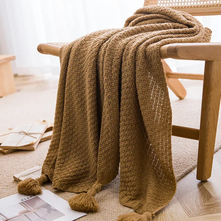 Brown 110cm x 150cm Soft Tassel Throw Blanket for Sofa or Bed, Cozy Casual Blanket for Office Nap, Minimalist Bed End Cover - Mekamart Australia