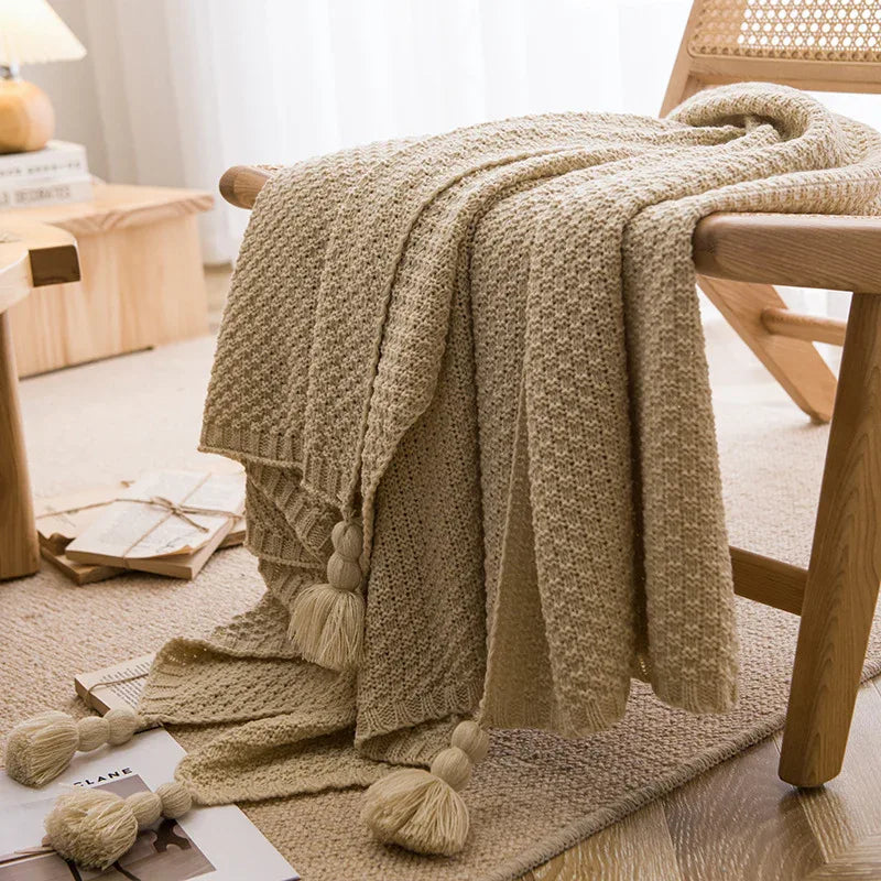 Beige 110cm x 150cm Soft Tassel Throw Blanket for Sofa or Bed, Cozy Casual Blanket for Office Nap, Minimalist Bed End Cover - Mekamart Australia