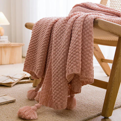 Pink 110cm x 150cm Soft Tassel Throw Blanket for Sofa or Bed, Cozy Casual Blanket for Office Nap, Minimalist Bed End Cover - Mekamart Australia