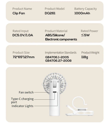White Portable Multifunctional Clip Fan DQ261 - 1000mAh Battery, 3-Speed, Quiet Cooling for Summer - Mekamart Australia