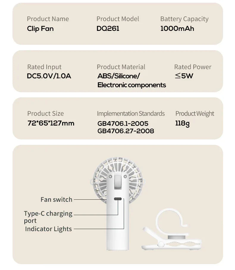 Ice Green Portable Multifunctional Clip Fan DQ261 - 1000mAh Battery, 3-Speed, Quiet Cooling for Summer - Mekamart Australia