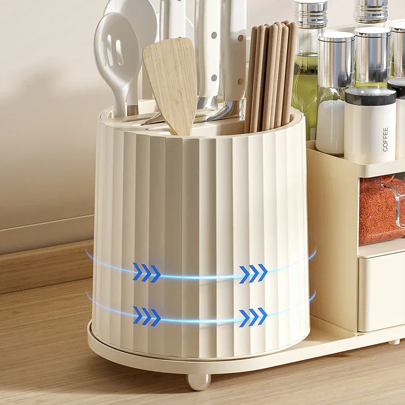 All-in-One Kitchen Countertop Organizer | Rotating Utensil Holder, Knife Block & Spice Rack with Drawer | Cream White - Mekamart Australia
