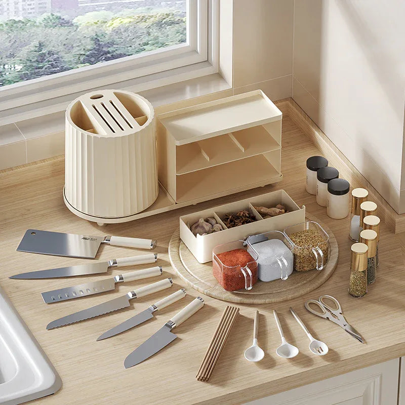 All-in-One Kitchen Countertop Organizer | Rotating Utensil Holder, Knife Block & Spice Rack with Drawer | Cream White - Mekamart Australia