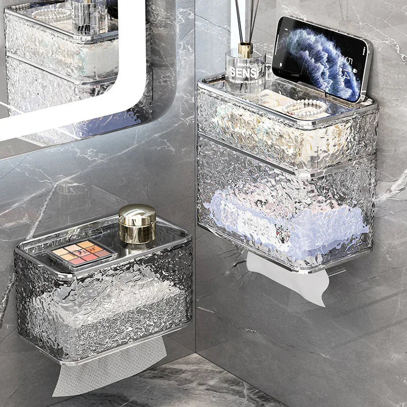 2PCS Stylish Double-Layer Transparent Grey Wave-Textured Tissue Box Holder - Stylish Bathroom Storage - Mekamart Australia