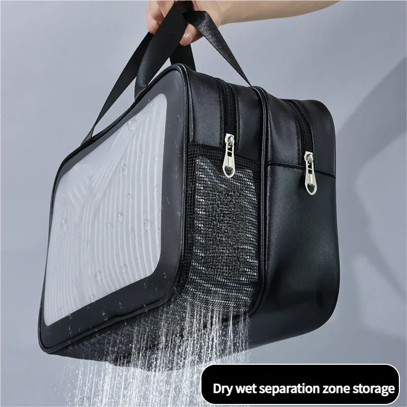2PCS Dual-Layer Transparent PU Cosmetic Pouch - Wet and Dry Separation, Large size(31*15*20cm)- milk apricot white - Mekamart Australia