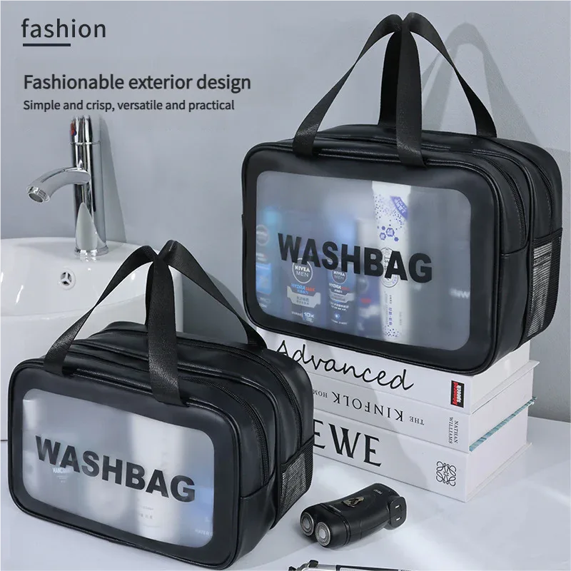 2PCS Dual-Layer Transparent PU Cosmetic Pouch - Wet and Dry Separation, Large size(31*15*20cm)- milk apricot white - Mekamart Australia