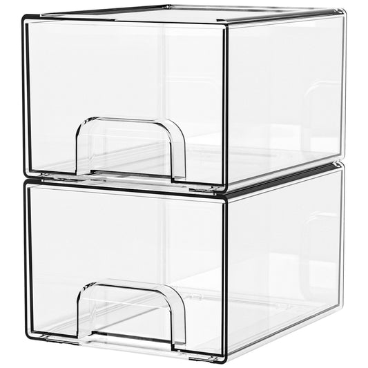 2-Pack Stackable PET Clear Makeup Organizer Drawers - Multi-Purpose Desktop Storage Case for Cosmetics, Skincare, and Office Supplies - Dustproof Vanity Organizer with Pull-Out Handles and Anti-Slip Base