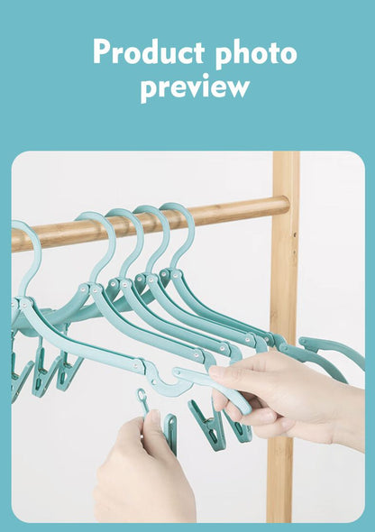 Portable Folding Travel Hangers Set - 19 Piece Laundry Kit with 6 Adjustable Hangers 12 Clips and Storage Bag - Space Saving Design for Caravanning Camping and Student Dorms - Sky Blue