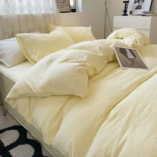 Light-yellow Solid Color Solid Color Solid Color 1.5m Bed Fitted Sheet Set with 200x230cm Duvet Cover - 4-Piece Bedding Set - Mekamart Australia
