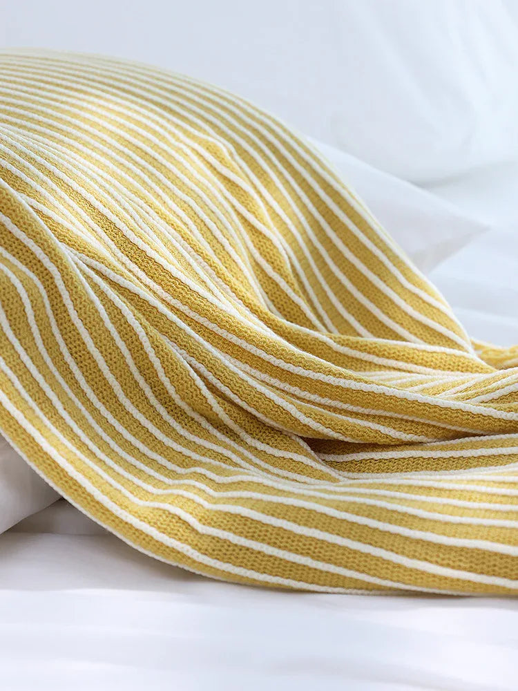 Yellow Cozy Knit Throw Blanket with Fringe - Stylish Striped Bed End Cover, 127x220CM - Mekamart Australia