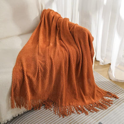 Orange Premium Woven Knitted Throw Blanket with Tassels | Soft, Cozy Sofa & Bed Blanket, Perfect for Office or Afternoon Naps 130x260cm - Mekamart Australia