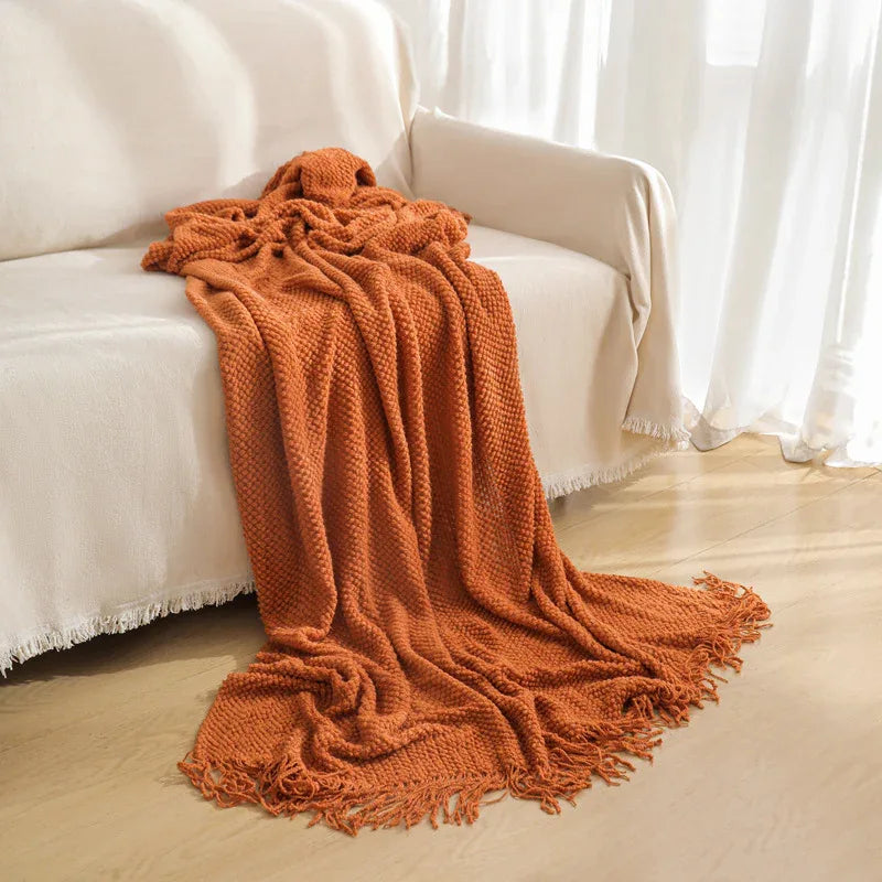 Orange Premium Woven Knitted Throw Blanket with Tassels | Soft, Cozy Sofa & Bed Blanket, Perfect for Office or Afternoon Naps 130x260cm - Mekamart Australia