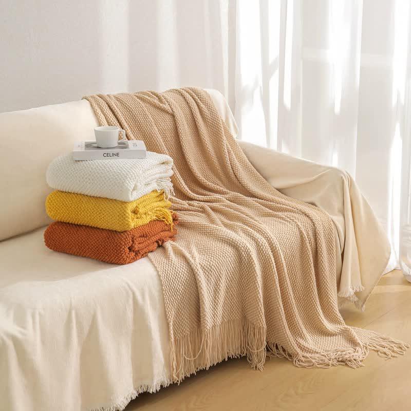 Orange Premium Woven Knitted Throw Blanket with Tassels | Soft, Cozy Sofa & Bed Blanket, Perfect for Office or Afternoon Naps 130x260cm - Mekamart Australia