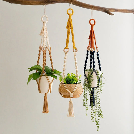 3 pcs Handwoven Plant Hanger-Cotton Rope Hanging Planter with Wooden Rings - Mekamart Australia