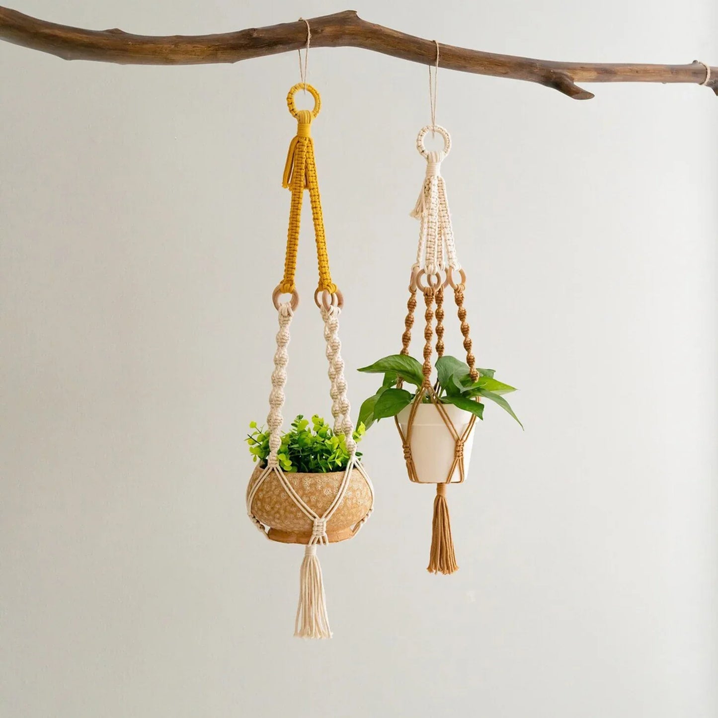 3 pcs Handwoven Plant Hanger-Cotton Rope Hanging Planter with Wooden Rings - Mekamart Australia