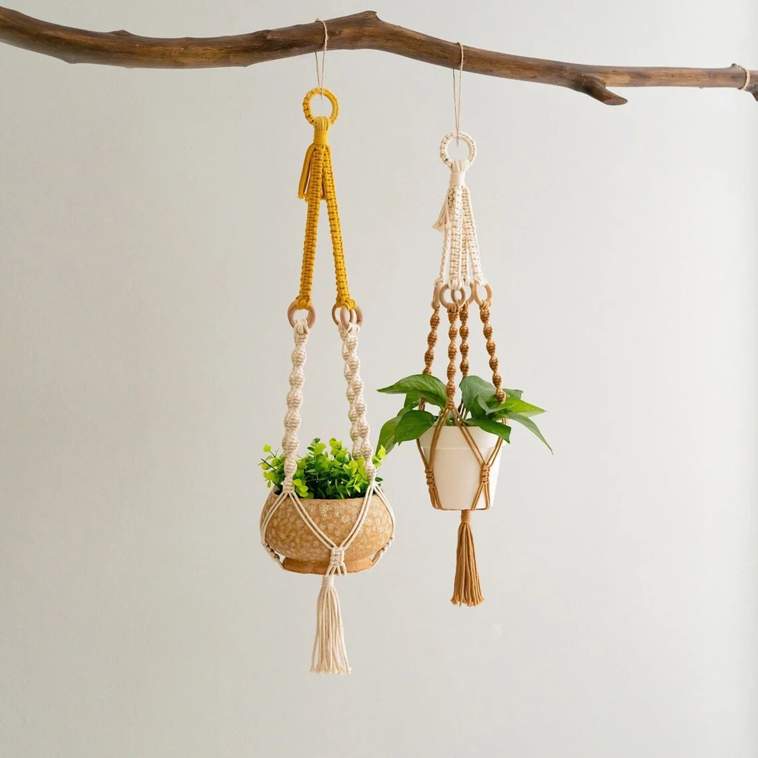3 pcs Handwoven Plant Hanger-Cotton Rope Hanging Planter with Wooden Rings - Mekamart Australia