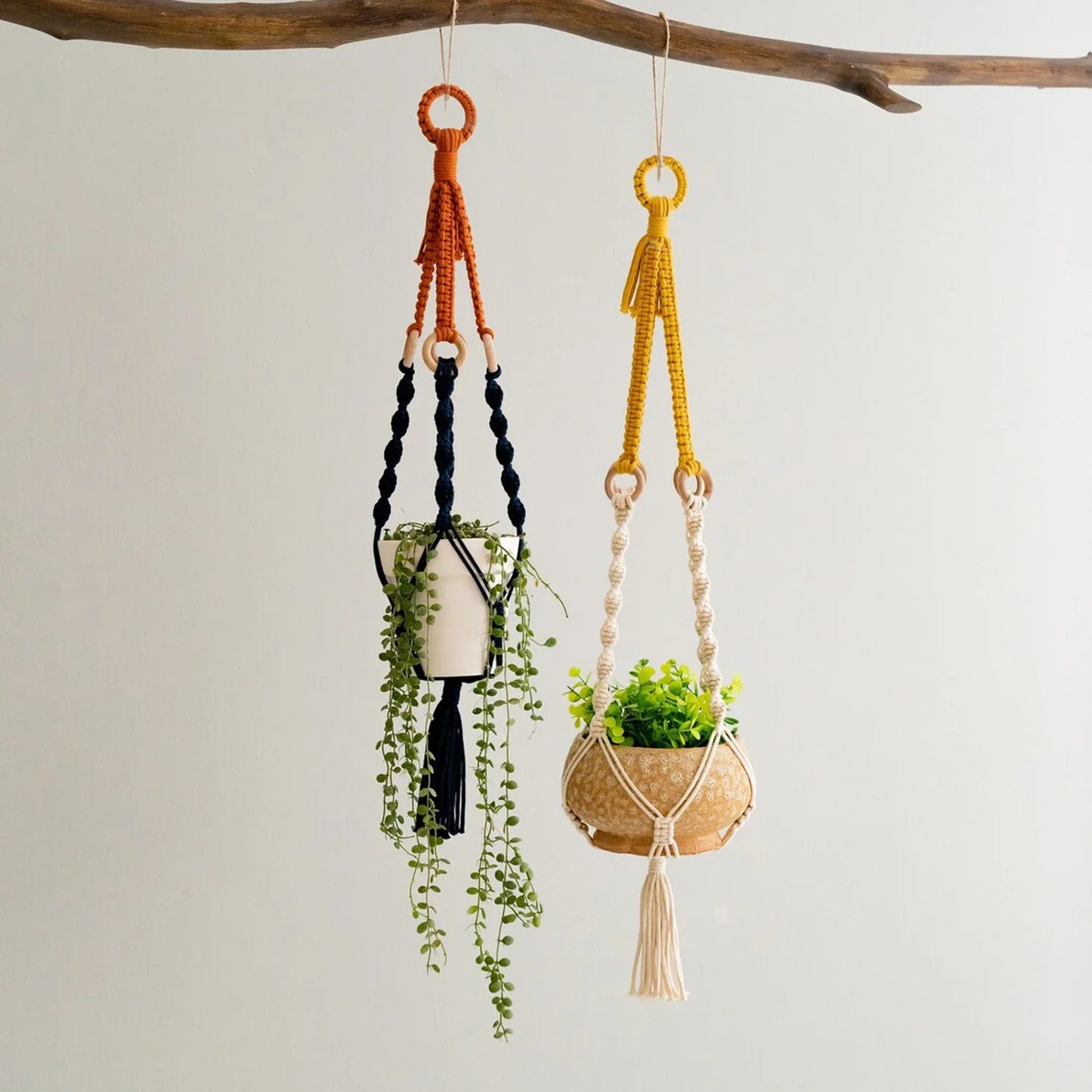 3 pcs Handwoven Plant Hanger-Cotton Rope Hanging Planter with Wooden Rings - Mekamart Australia