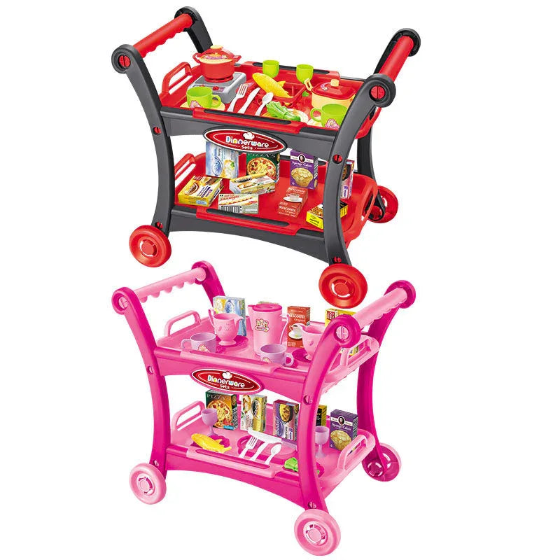 Pink Children's Pretend Play Kitchen Cart Set with Toys - Roleplay Cooking Set with Accessories - Educational Toy for Kids - Mekamart Australia