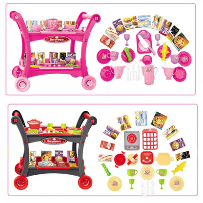 Red Children's Pretend Play Kitchen Cart Set with Toys - Roleplay Cooking Set with Accessories - Educational Toy for Kids - Mekamart Australia