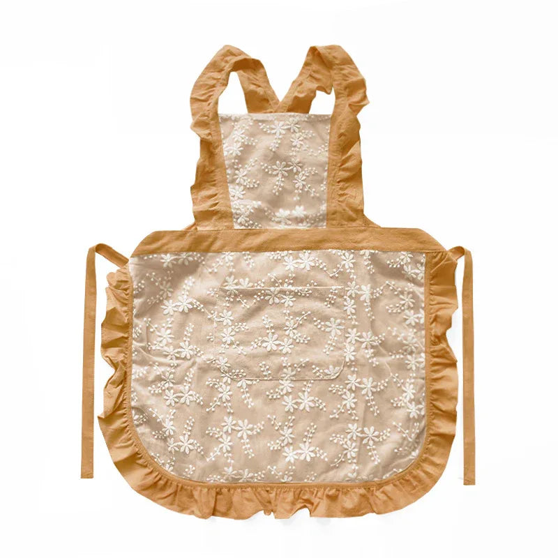 Yellow Ruffled Kitchen Apron with Floral Lace - Comfortable Baking & Crafting Apron - Mekamart Australia
