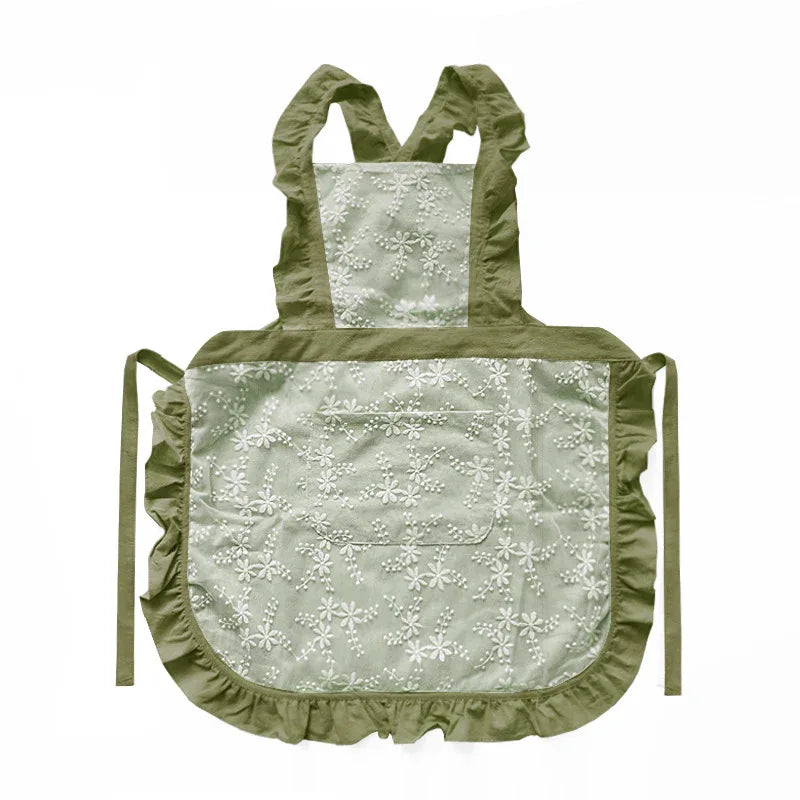 Green Ruffled Kitchen Apron with Floral Lace - Comfortable Baking & Crafting Apron - Mekamart Australia