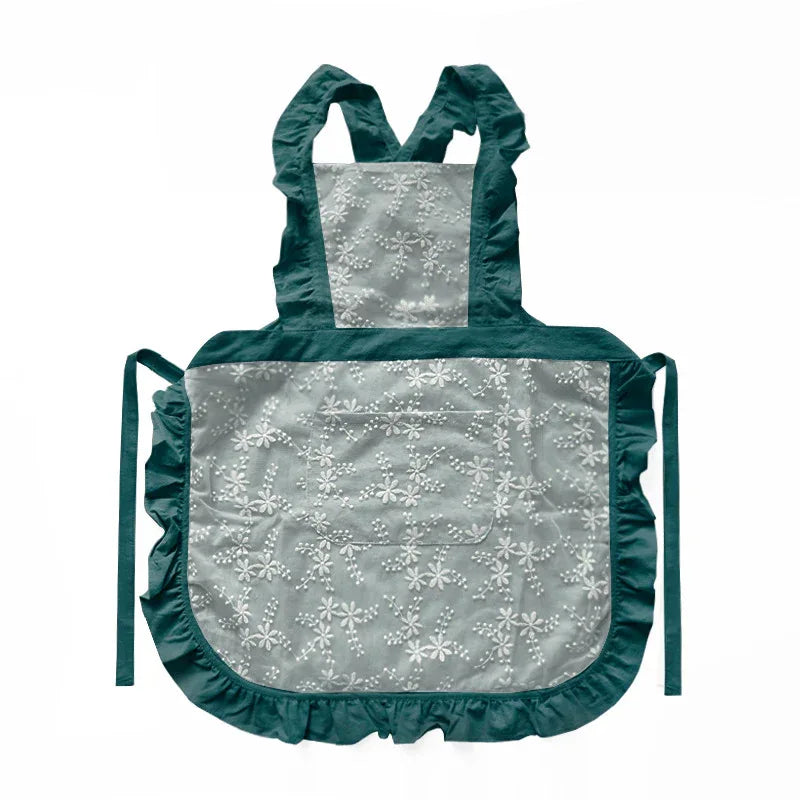 Blue Ruffled Kitchen Apron with Floral Lace - Comfortable Baking & Crafting Apron - Mekamart Australia