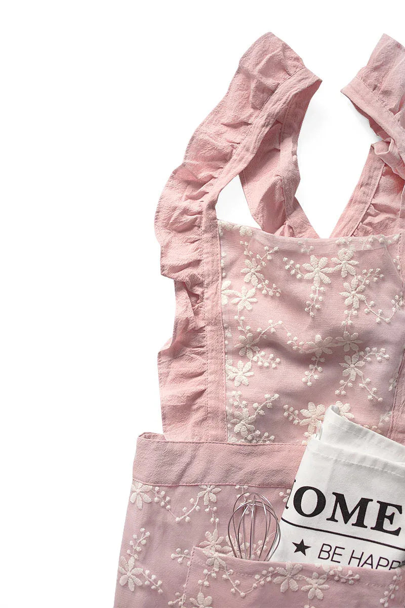 Blue Ruffled Kitchen Apron with Floral Lace - Comfortable Baking & Crafting Apron - Mekamart Australia