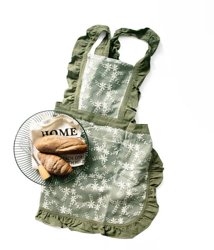 Blue Ruffled Kitchen Apron with Floral Lace - Comfortable Baking & Crafting Apron - Mekamart Australia