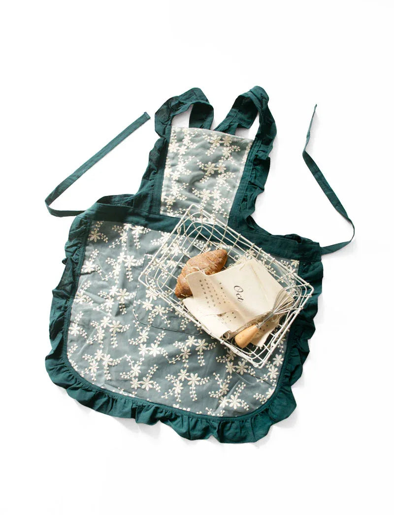 Blue Ruffled Kitchen Apron with Floral Lace - Comfortable Baking & Crafting Apron - Mekamart Australia